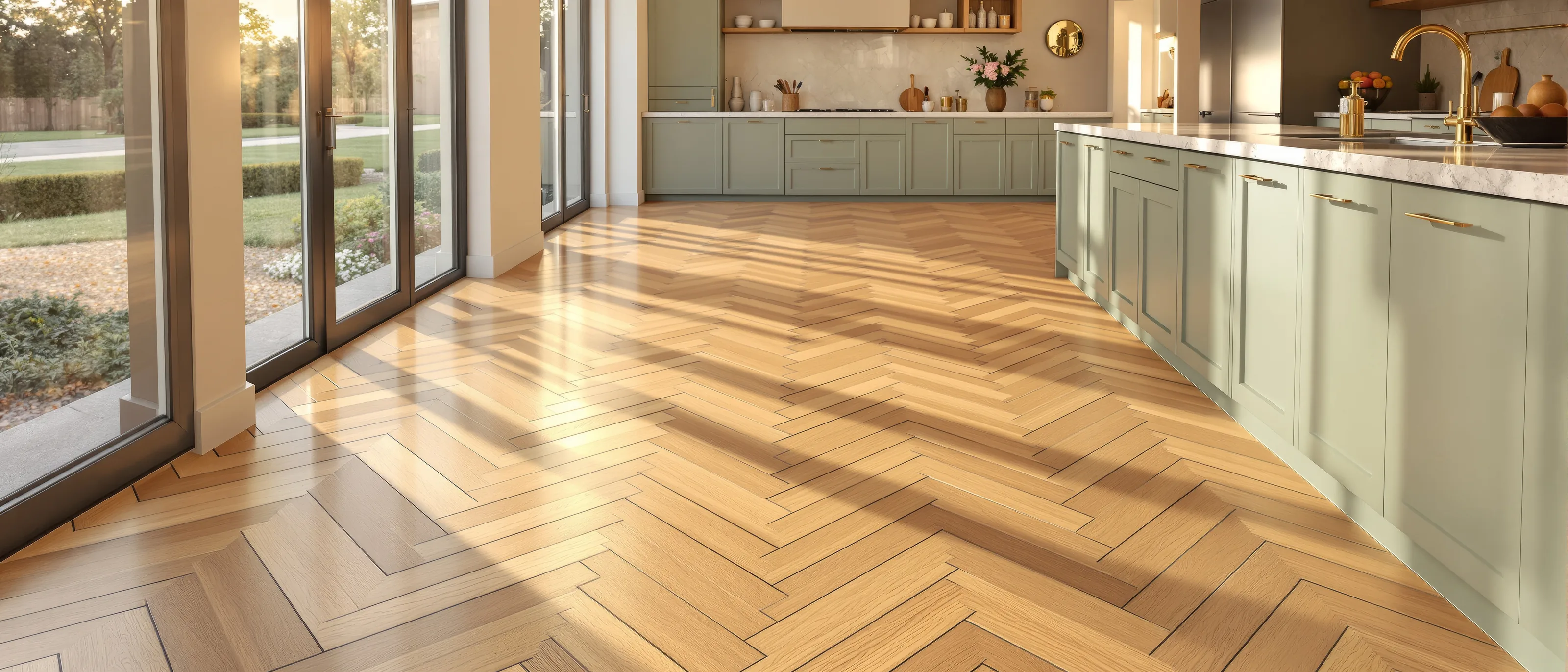 A kitchen with a honey-oak herringbone floor, a sage-green island and brass fixtures in evening light