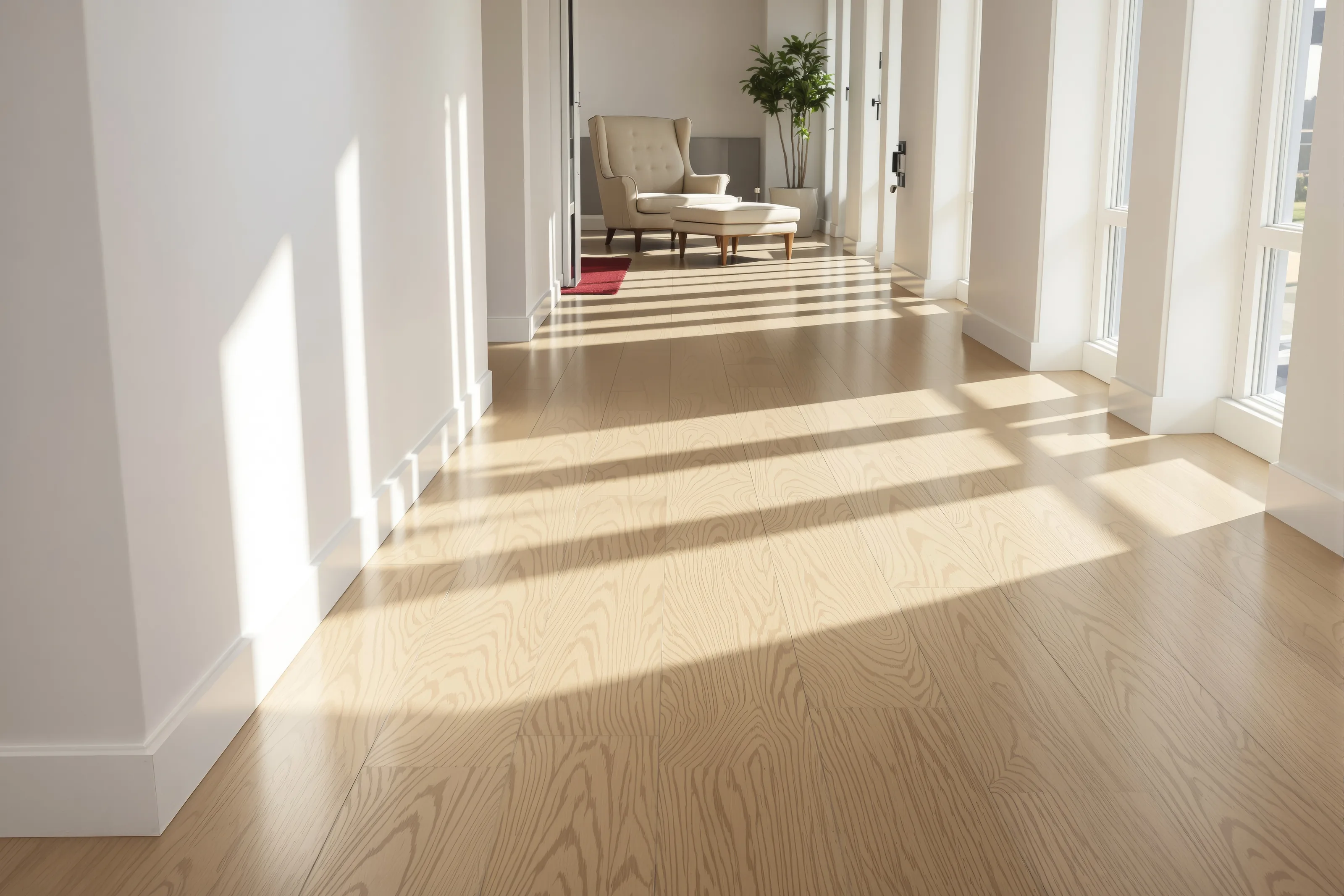 Wide-plank white oak flooring running down a sunlit hallway toward a living room, afternoon light raking across the grain