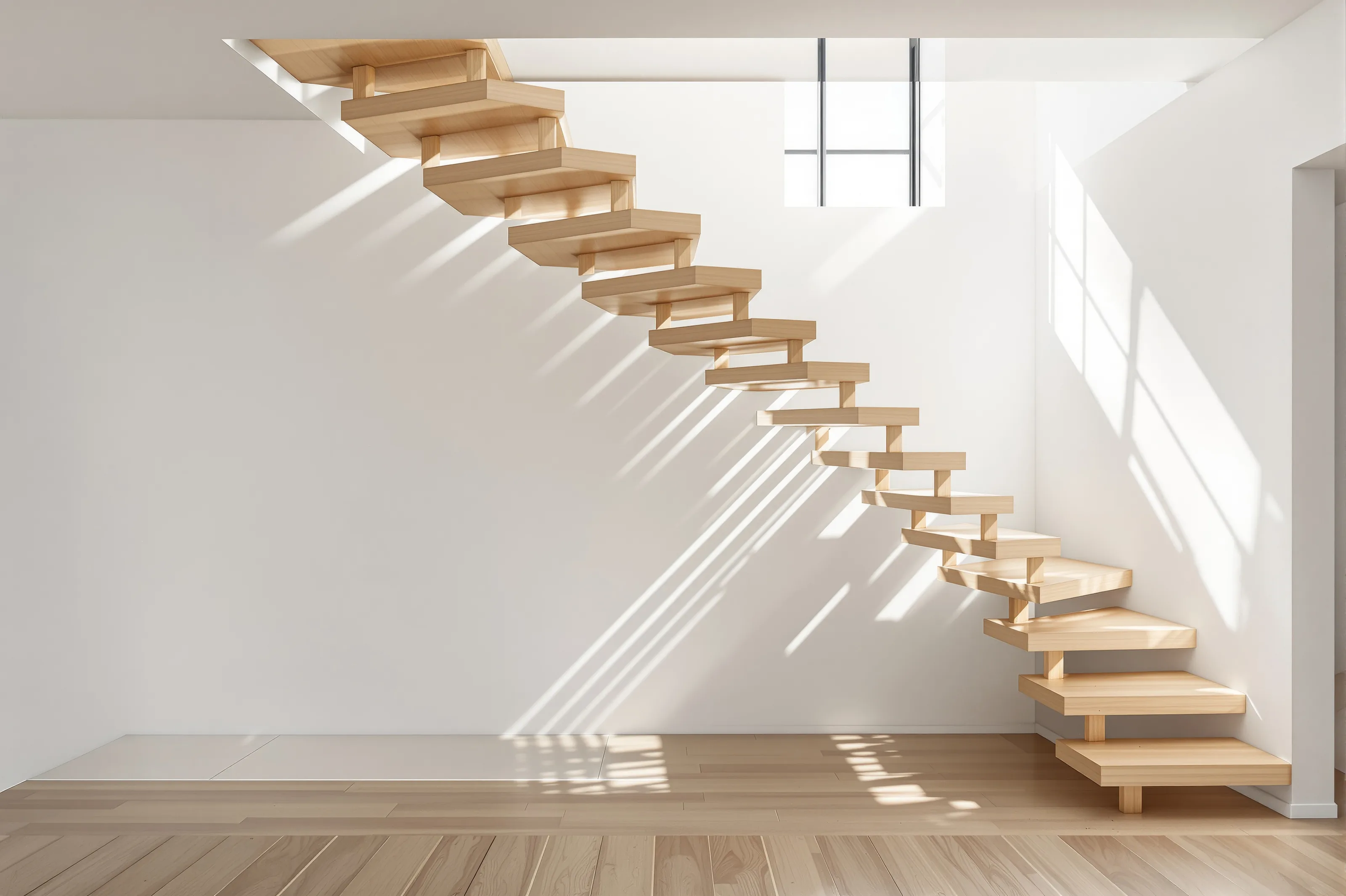 A floating white oak staircase in morning light, treads climbing a bare white wall