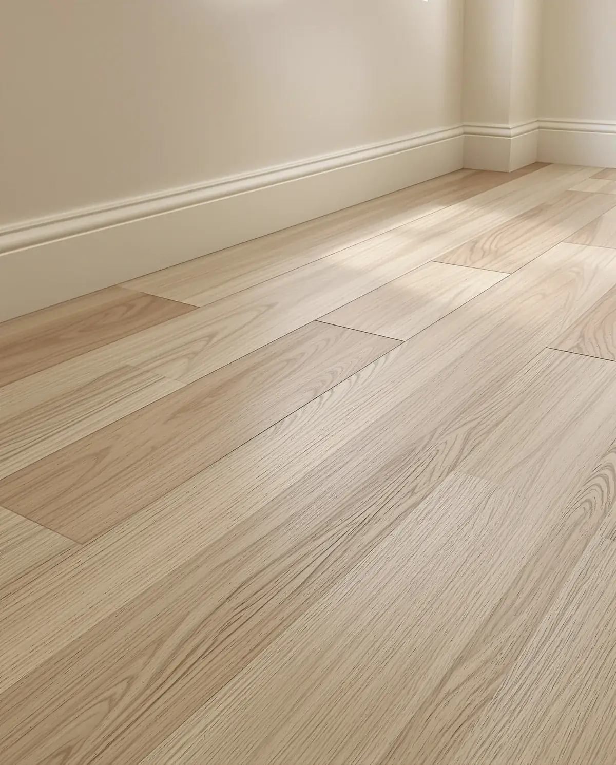 Close-up of light greige oak-look luxury vinyl plank beside a plain baseboard