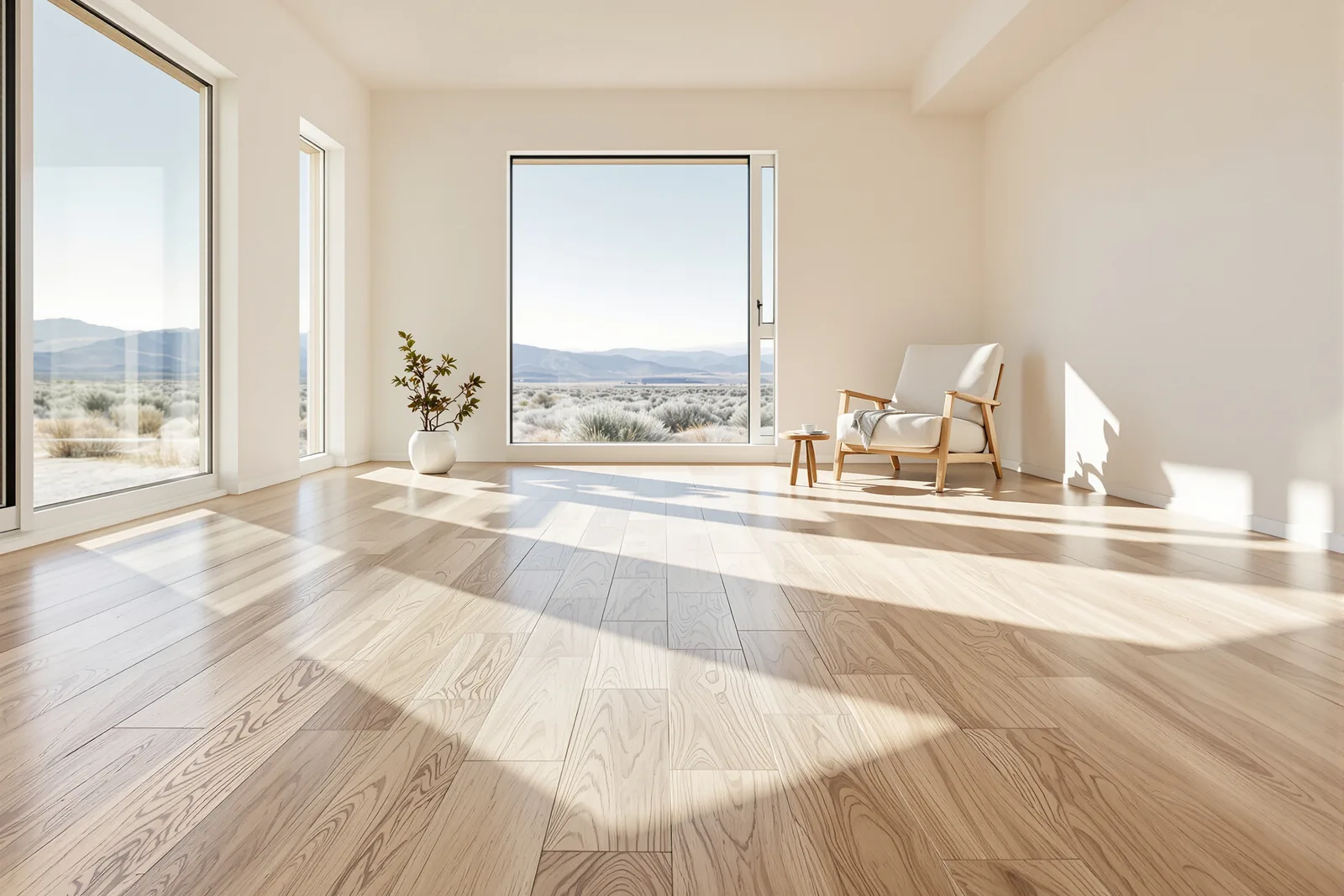 Sunlit living room with wide-plank white oak flooring, one linen armchair and sagebrush foothills through tall windows
