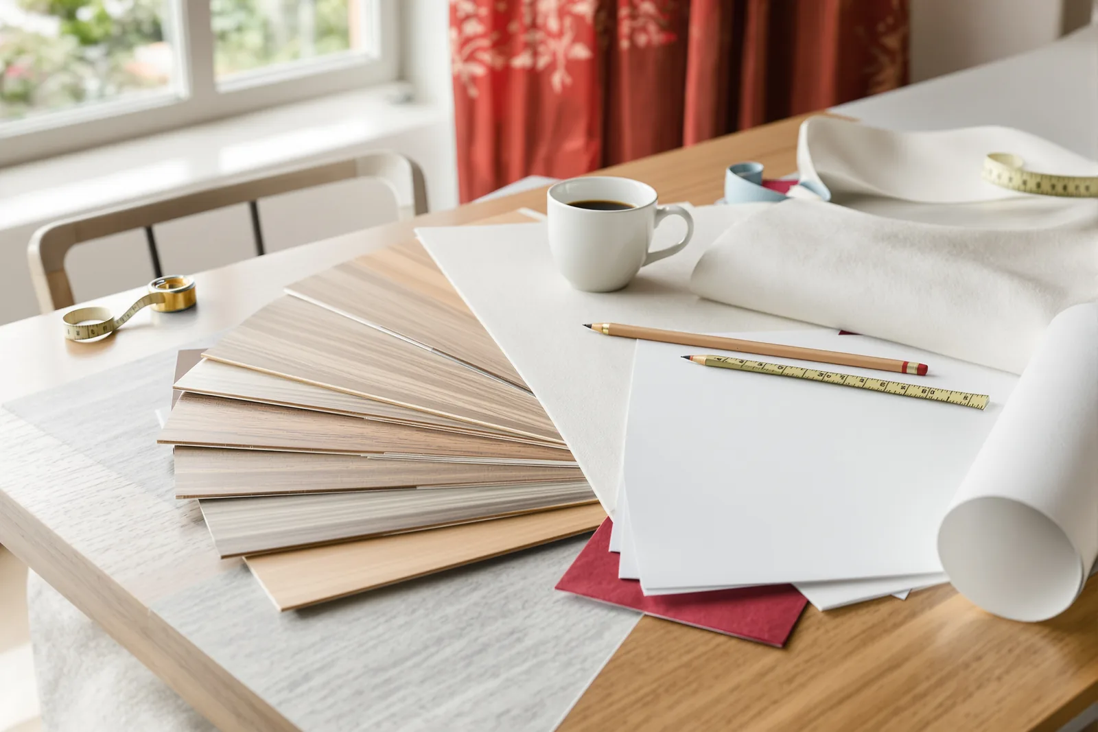 Flooring samples fanned on a dining table with tile, cream and red fabric swatches, tracing paper, a tape measure and coffee