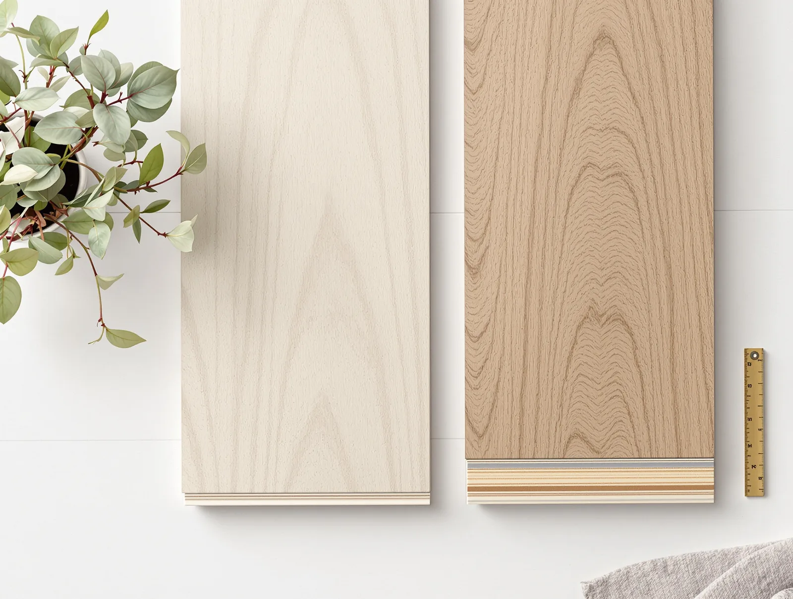 Two sample planks on a white table: solid white oak on the left, luxury vinyl plank with a visible layered core on the right