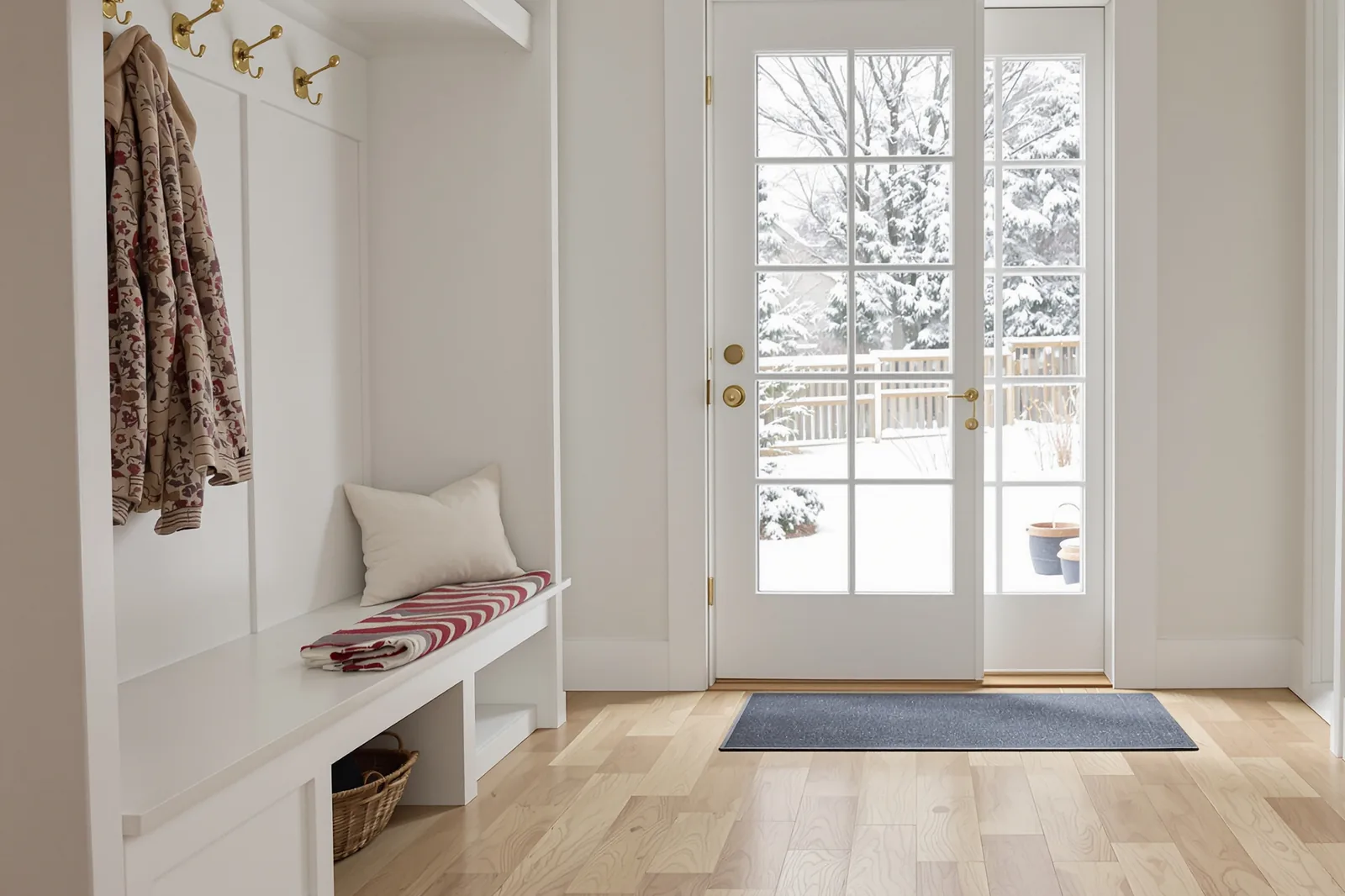 Bright mudroom with a light oak-look plank floor, a white built-in bench with brass hooks and a glass door onto a snowy yard