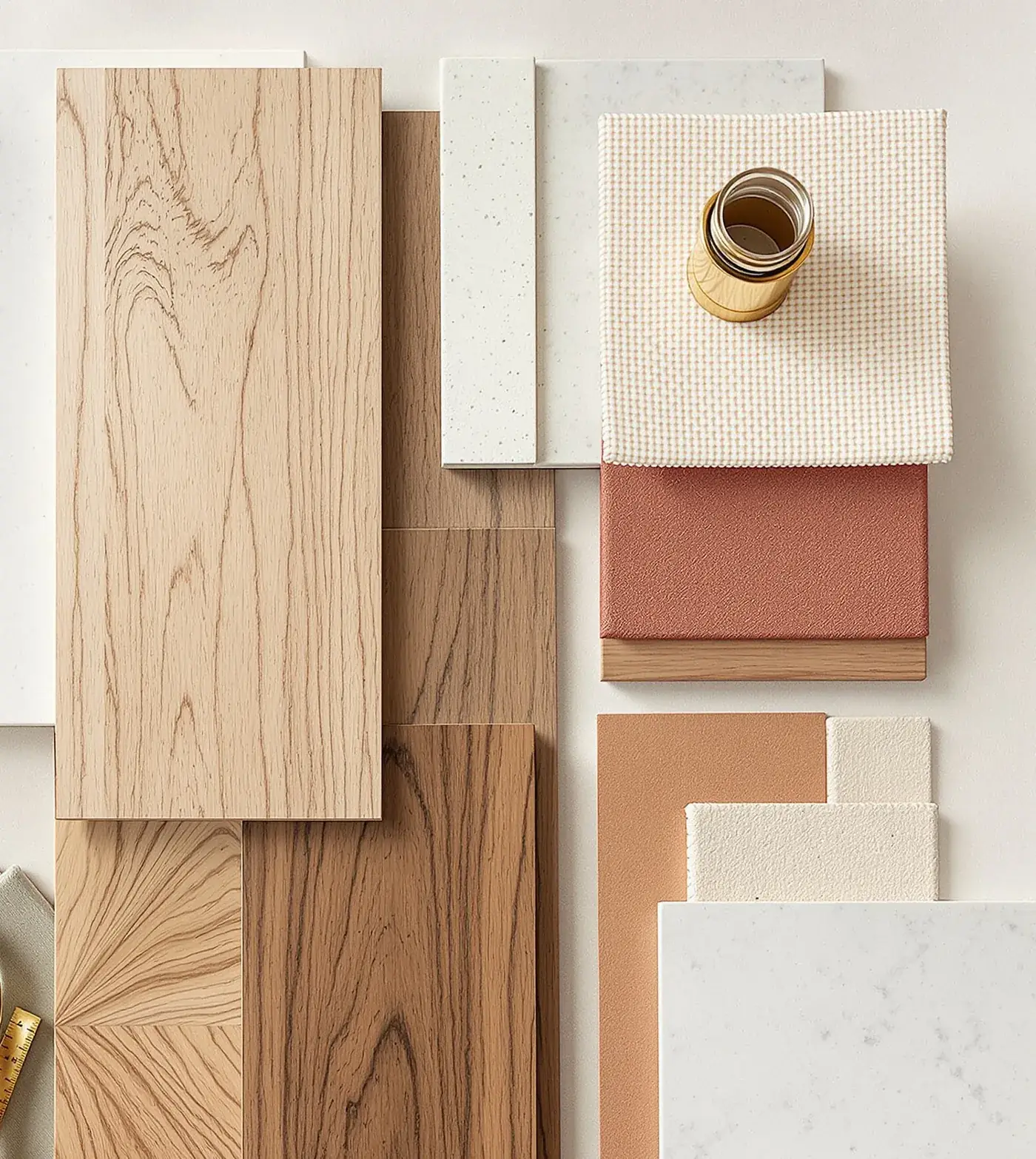 Flooring samples on a design table: white oak, walnut and chevron boards, terrazzo, marble, and linen swatches