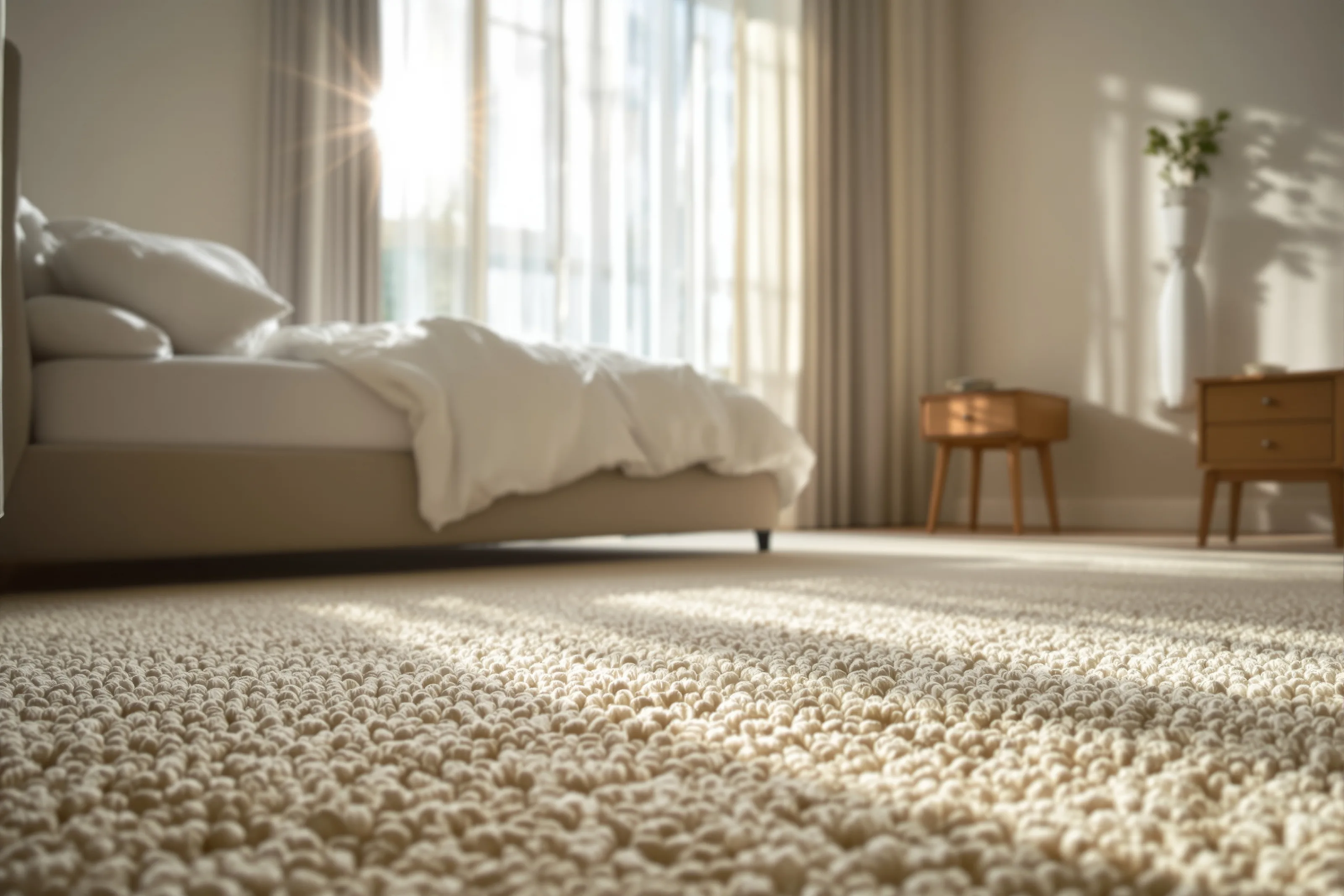 Calm bedroom with plush cream wool loop carpet in raking light and a low bed dressed in soft linen bedding