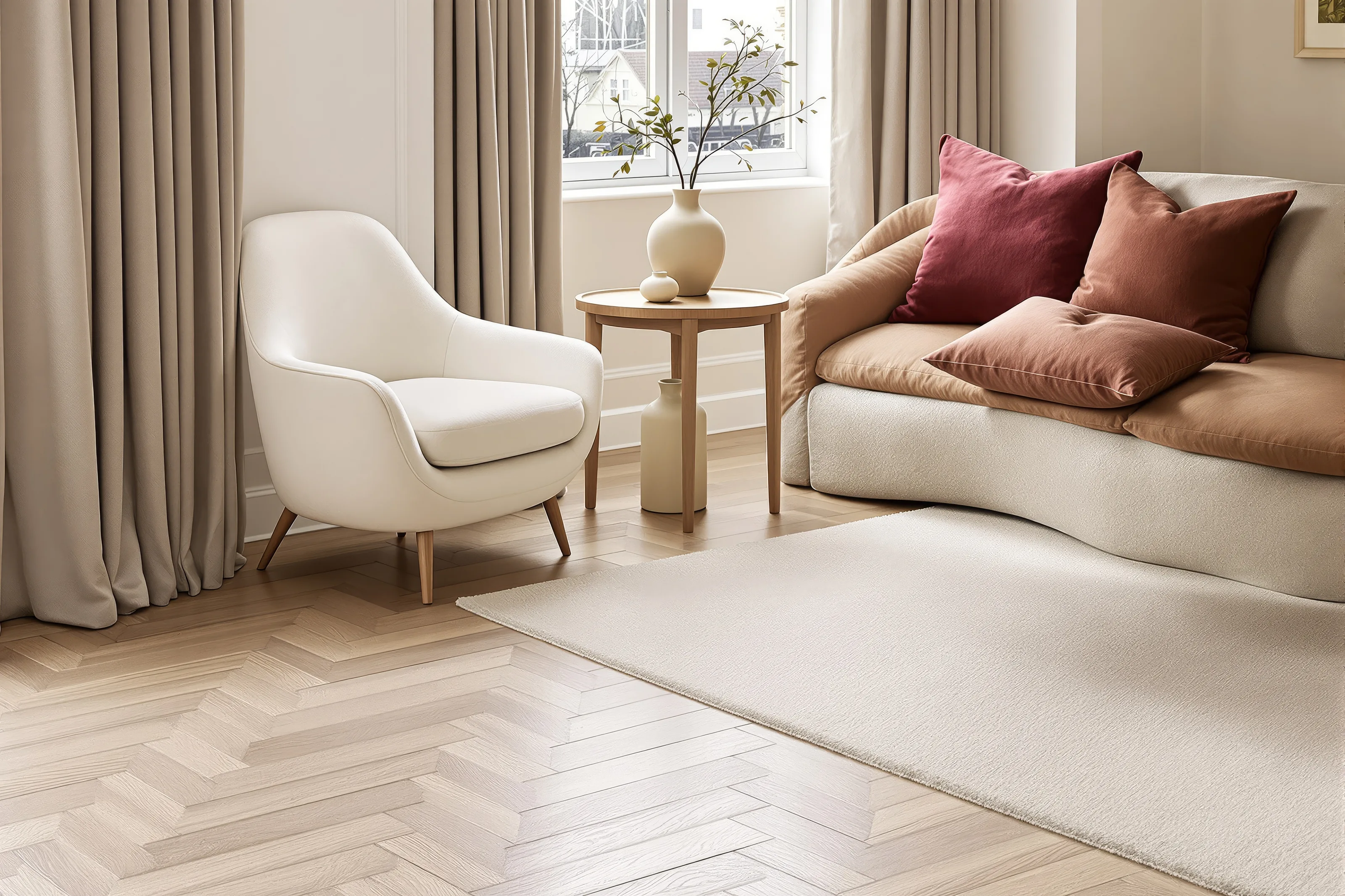 Designed living-room corner: herringbone oak floor, oatmeal wool rug, cream curved chair, walnut table, deep red cushions