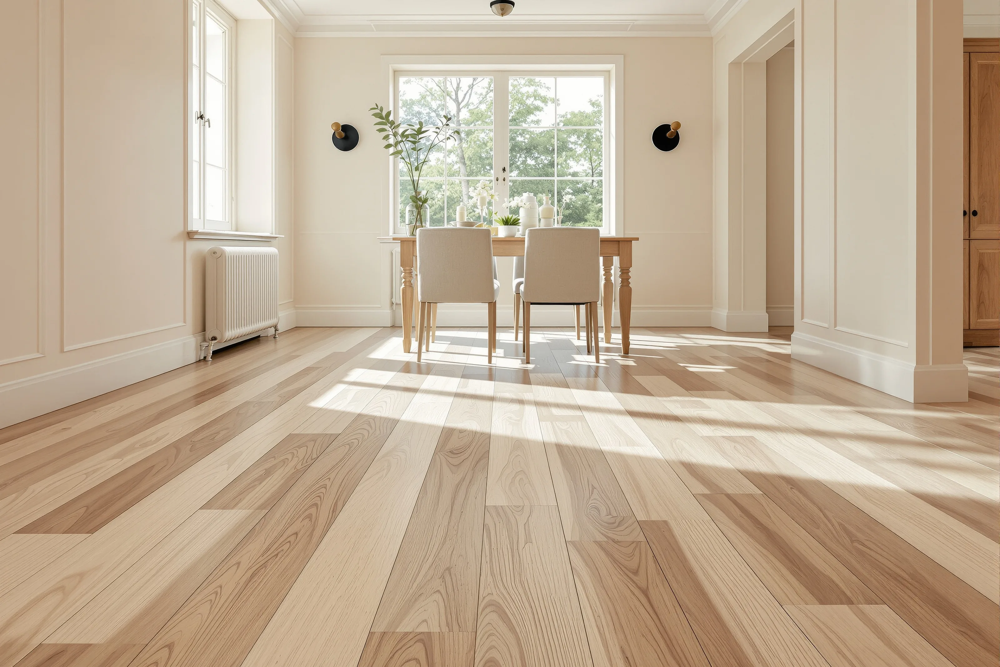 Wide-plank white oak flooring in a sunlit dining room, morning light raking across the boards