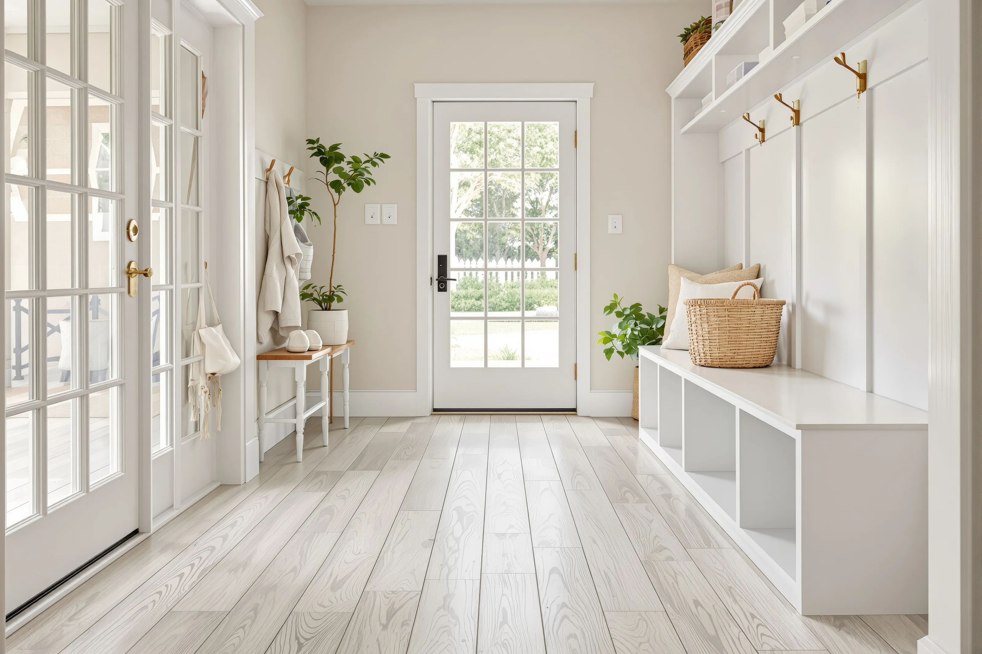 Greige oak-look luxury vinyl plank in a bright mudroom with a white built-in bench, cubbies, brass hooks and a glass door